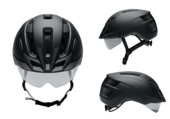 Set of three ultra-modern matte black aerodynamic bicycle helmets isolated on a seamless infinity white studio background with harsh directional lighting, high contrast product photograph. Concept