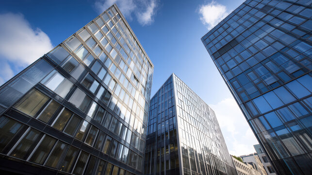 Low angle view reveals the soa heights of modern glass office buildings against a bright blue sky dotted with fluffy white clouds in a vibrant urban landscape.