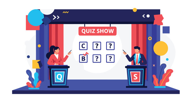 Quiz show stage featuring two contestants at podiums and a host in front of a screen with multiple choice questions and answers.