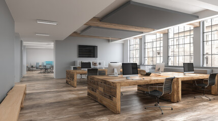 Bright modern office interior features rustic wooden desks, computers, and large providing natural light for a collaborative and productive workspace setting.