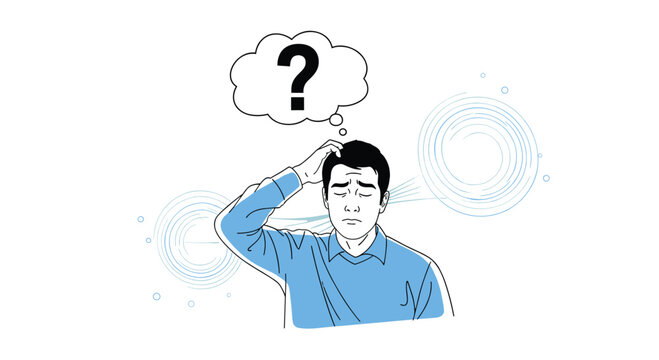 Confused businessman in a blue shirt scratching his head with a large question mark bubble and swirl patterns indicating dizziness or uncertainty. - Powered by Adobe