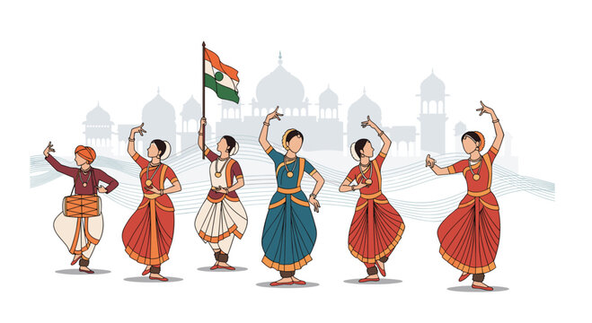 Group of Indian women in traditional sarees performing a classical dance routine with a drummer and national flag against a temple silhouette.