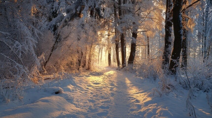 Winter wonderland forest path with snow-covered trees and golden sunlight filtering through, serene atmosphere 