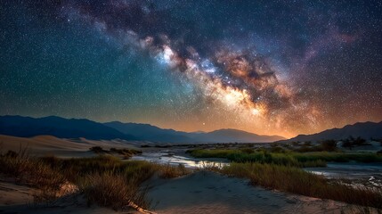 Fototapeta premium Starry Night Sky with Milky Way Over Desert Dunes galaxy