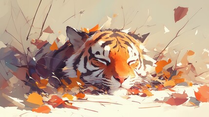 Resting tiger in autumnal leaves illustration depicting a tranquil moment and seasonal theme