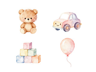Childhood Joy: A charming watercolor arrangement features a cuddly teddy bear, a whimsical toy car, colorful building blocks, and a delicate balloon, celebrating the simple joys of childhood.