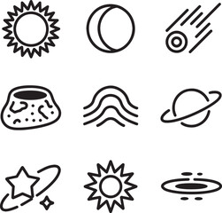 Naklejka premium Cosmic celestial bodies and natural phenomena line icons set with sun moon and comet
