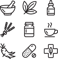 Herbal medicine alternative health icons natural remedies with plant based ingredients