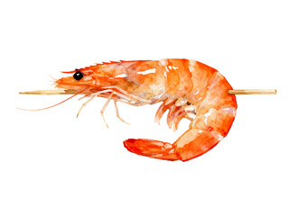 Grilled Shrimp on a Skewer: A succulent, cooked shrimp, skewered on a wooden stick, presents a tantalizing image. It's ready to be devoured, offering a delightful visual of gourmet seafood. 