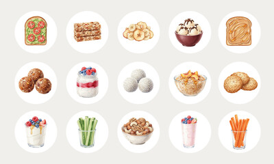 Watercolor Collection of Various Healthy Snacks and Clean Eating Food