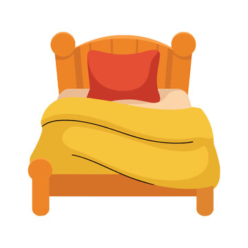 A cozy wooden bed with a bright orange pillow and a yellow blanket awaits.