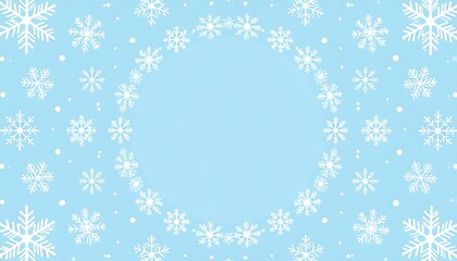 A light blue winter background with white snowflakes in various sizes arranged in a circular pattern