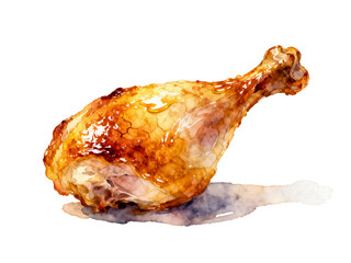 Golden Crispy Chicken Leg: A delectable watercolor illustration of a perfectly roasted chicken leg, its skin a tempting golden brown. Capturing the deliciousness of this culinary classic