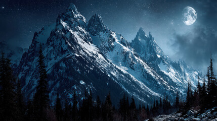 A majestic mountain range covered in snow rises dramatically under the enchanting glow of a full moon and a star-filled night sky, creating a serene landscape.