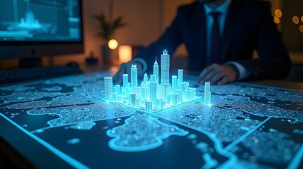 Glowing holographic city plan projected on architect’s desk, selective focus