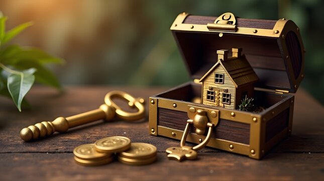 golden key opening a treasure chest with miniature house inside, photo concept - Powered by Adobe