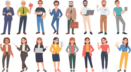 Fototapeta premium Cartoon teacher character set featuring diverse male and female educators with tools and poses for educational and professional themes.