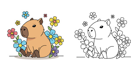 Cute cartoon capybara sitting among colorful flowers. Vector illustration of a happy wild animal surrounded by floral nature isolated on white background.
