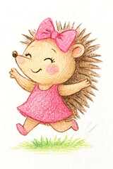 Adorable Hand-Drawn Hedgehog Cartoon Character Running in a Pink Dress with a Cute Bow &mdash; A Joyful, Playful