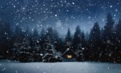 Verschneiter winterwald in der Weihnachtsnacht mit Unsch&auml;rfe