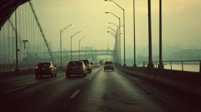 Cars drive on a bridge du a hazy day, with the bridge structure visible on the left and the cityscape obscured by the mist in the background, river view. - Powered by Adobe