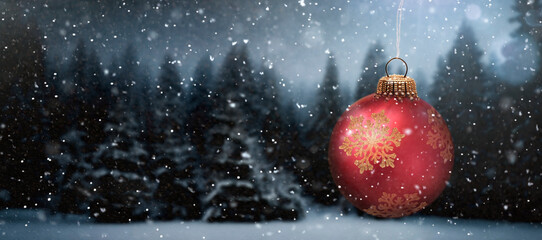 Rote Weihnachtskugel an einem Tannenzweig