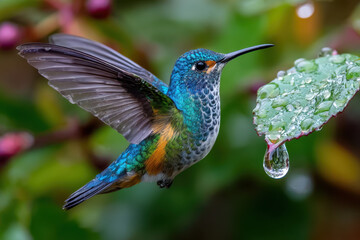 Obraz premium Hummingbird in Flight Near Water Droplet on a Leaf