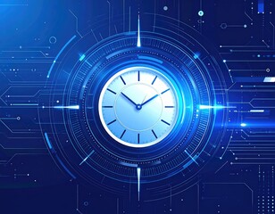 Clock with circuits, futuristic blue background
