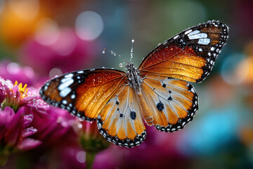 Fototapeta premium A vibrant butterfly with dewkissed wings perched on a colorful flower