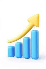 3D Cartoon Bar Chart with Upward Arrow &mdash; Blue and Yellow Business Growth Icon Symbolizing Progress, Success