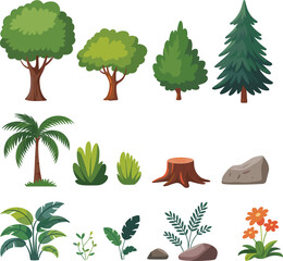 Fototapeta premium Nature element illustration set featuring trees, plants, rocks, and flowers for educational, ecological, and design themes.