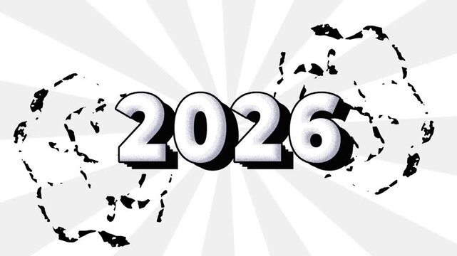 2026 word text Cartoon reveal Bomb and Smoke popup Style with manga anime Comic book abstract colorful radial speed lines doodle white background with rays Seamless loop animation, retro popup new yea
