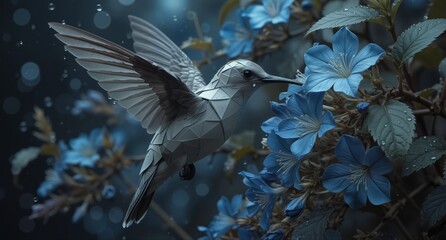 Obraz premium geometric hummingbird hovering near blue flowers with delicate water droplets, digital art.