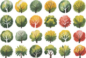 Fototapeta premium Stylized tree illustration set featuring 25 seasonal designs with diverse foliage and colors for nature, educational, and design themes.