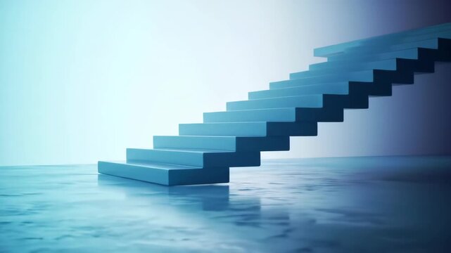 Minimalist blue stairs rising on a reflective surface with a gradient backdrop, offering a clean, conceptual and geometrically simple design in dim lit studio.