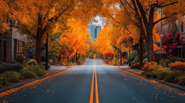 A city street is lined with trees showing orange and yellow leaves. The road is empty, and colorful foliage covers the ground. Buildings are visible at the end of the street