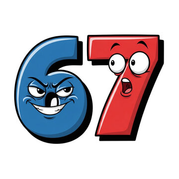Cartoon number 67 characters, blue six and red seven with funny faces, bold outlined digits PNG for kids design