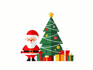 Cartoon illustration of Santa Claus standing next to a decorated Christmas tree with gifts underneath on a white background.