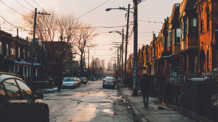 A residential street scene leads the eye towards distant city skyscrapers, with brick townhouses lining both sides of the road on a bright day with cars parked.
