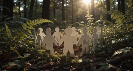 paper people holding hands in lush green forest symbolizing community and connection.