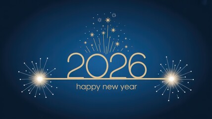 Elegant gold outline of the year 2026 with fireworks and the text happy new year on a dark blue background