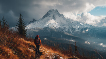 A lone hiker in a red jacket walks along a mountain trail towards the majestic snow-capped peak under a dramatic cloudy sky in the great outdoors environment.