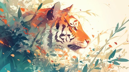Tiger portrait illustration with floral elements and soft lighting