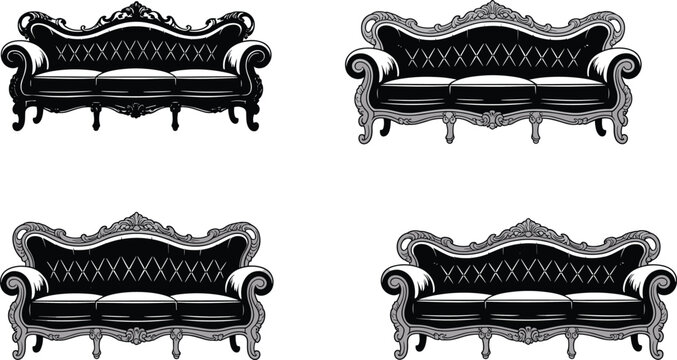 Vintage sofa illustration set featuring four ornate tufted designs with carved details for furniture, interior, and design themes.