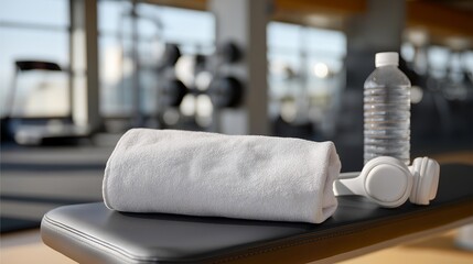 A folded workout towel on a gym bench beside a water bottle and headphones, signaling the start of a focused training session — fitness routine, active lifestyle accessories, and motivational
