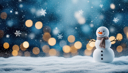 Obraz premium Muñeco de nieve con fondo bokeh. Tema navideño invernal. Espacio para texto
