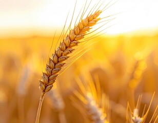 Golden wheat ear backlit by warm sunlight