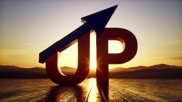 Uplifting 3D render featuring a red 'UP' symbol with a rising blue arrow, set against a sunset and mountain backdrop on wood. Symbolizes success and growth.