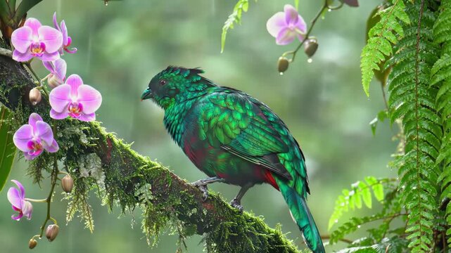 A resplendent quetzal sits on a mossy branch with vibrant purple orchids in a lush green rainforest with tropical plants and soft lighting.