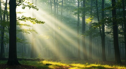 Fototapeta premium Brilliant sun rays pierce through the dense canopy of a misty woodland scene